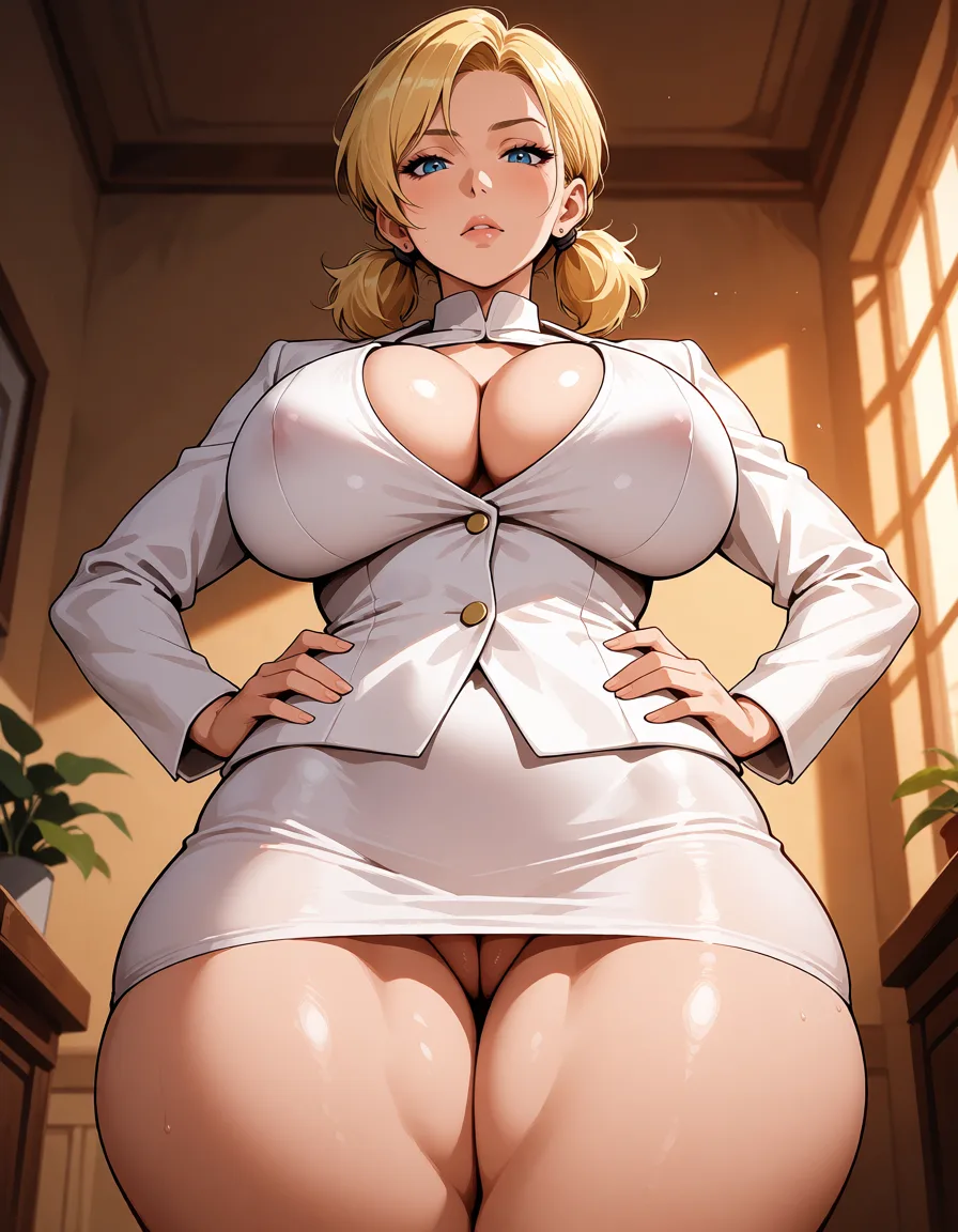 hentai anime art, Blonde hair woman, mature woman, short_twintails, curvy shaped body, fat chubby thick thighs, big huge plump thighs, wide_hips, big boobs, close up, white dress suit, cleavage_cutout, serious face, hands_on_own_hips, standing, clean lineart, smooth cel shading, glossy highlights, saturated warm colour, drawn illustration, strikingly beautiful, radiant complexion, early twenties