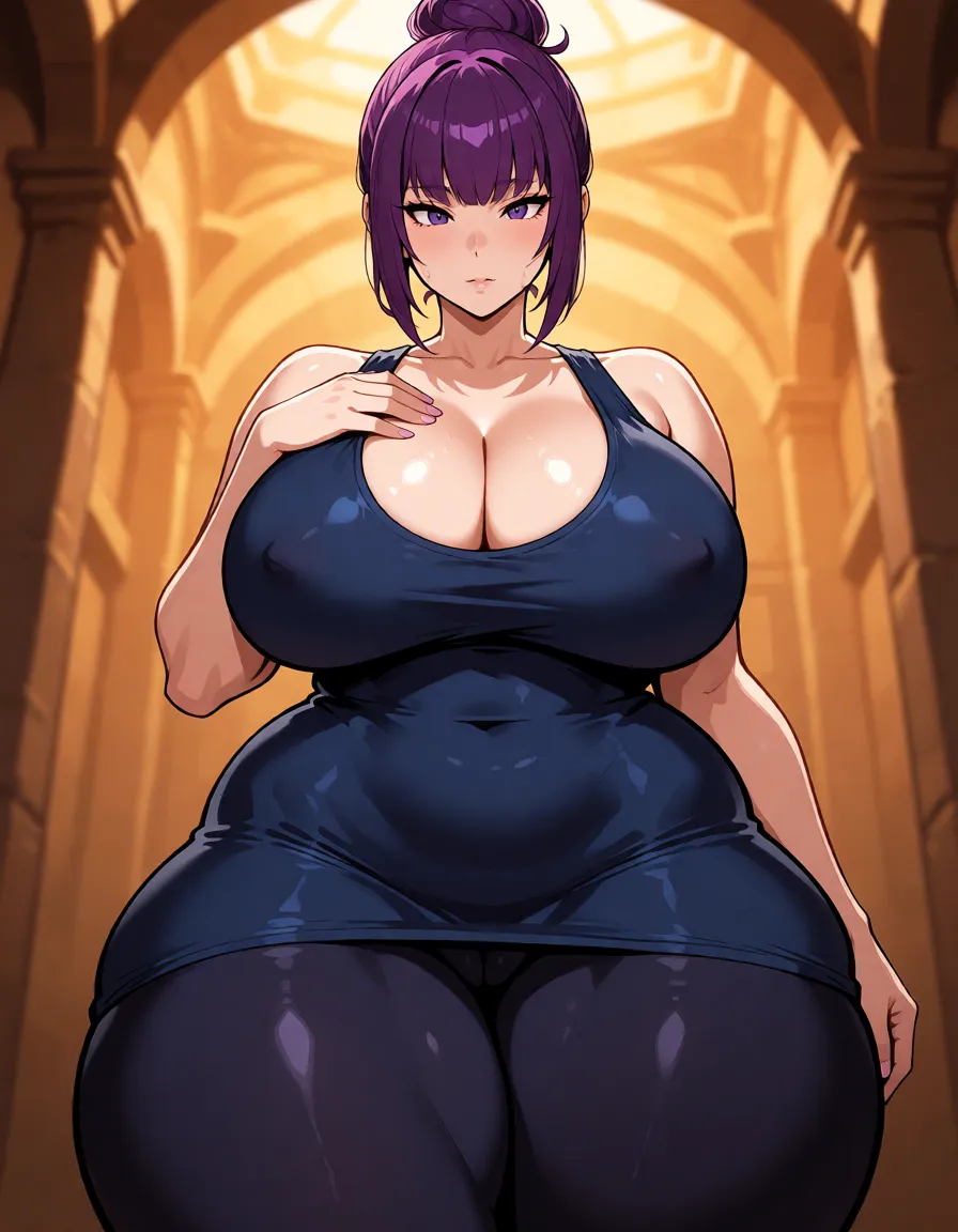 hentai anime art, Purple hair woman, milf, mature woman, single_hair_bun, curvy shaped body, fat chubby thick thighs, big huge plump thighs, wide_hips, big boobs, close up, dark blue dress, leggings, serious face, hand_on_own_chest, standing,, clean lineart, smooth cel shading, glossy highlights, saturated warm colour, drawn illustration, strikingly beautiful, radiant complexion, early twenties