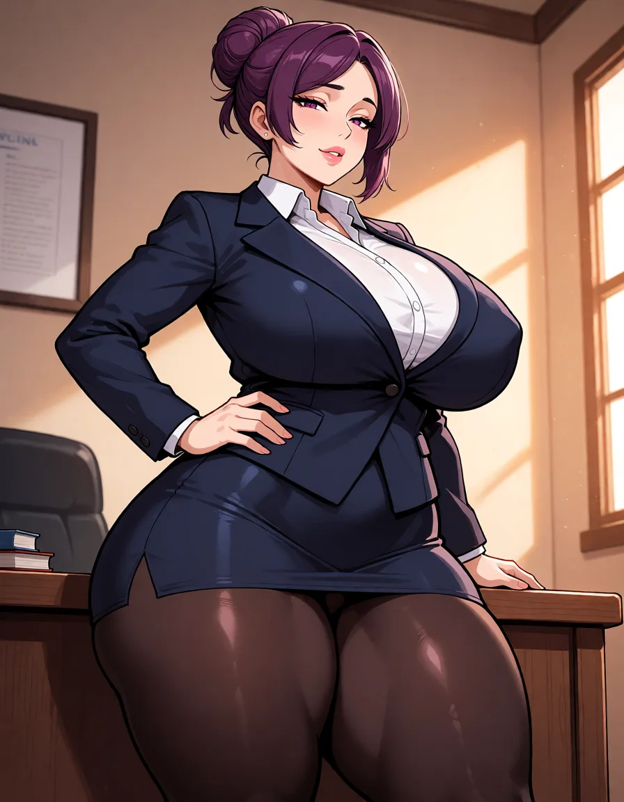hentai anime art, Purple hair woman, milf, mature woman, single_hair_bun, parted_bangs, fat chubby thick_thighs, big huge plump thighs, wide_hips, huge_ass, big boobs, dark blue suit, miniskirt, dark leggings, half-closed_eyes, lips, seductive smirk, standing, desk, hip out, clean lineart, smooth cel shading, glossy highlights, saturated warm colour, drawn illustration, strikingly beautiful, radiant complexion, early twenties