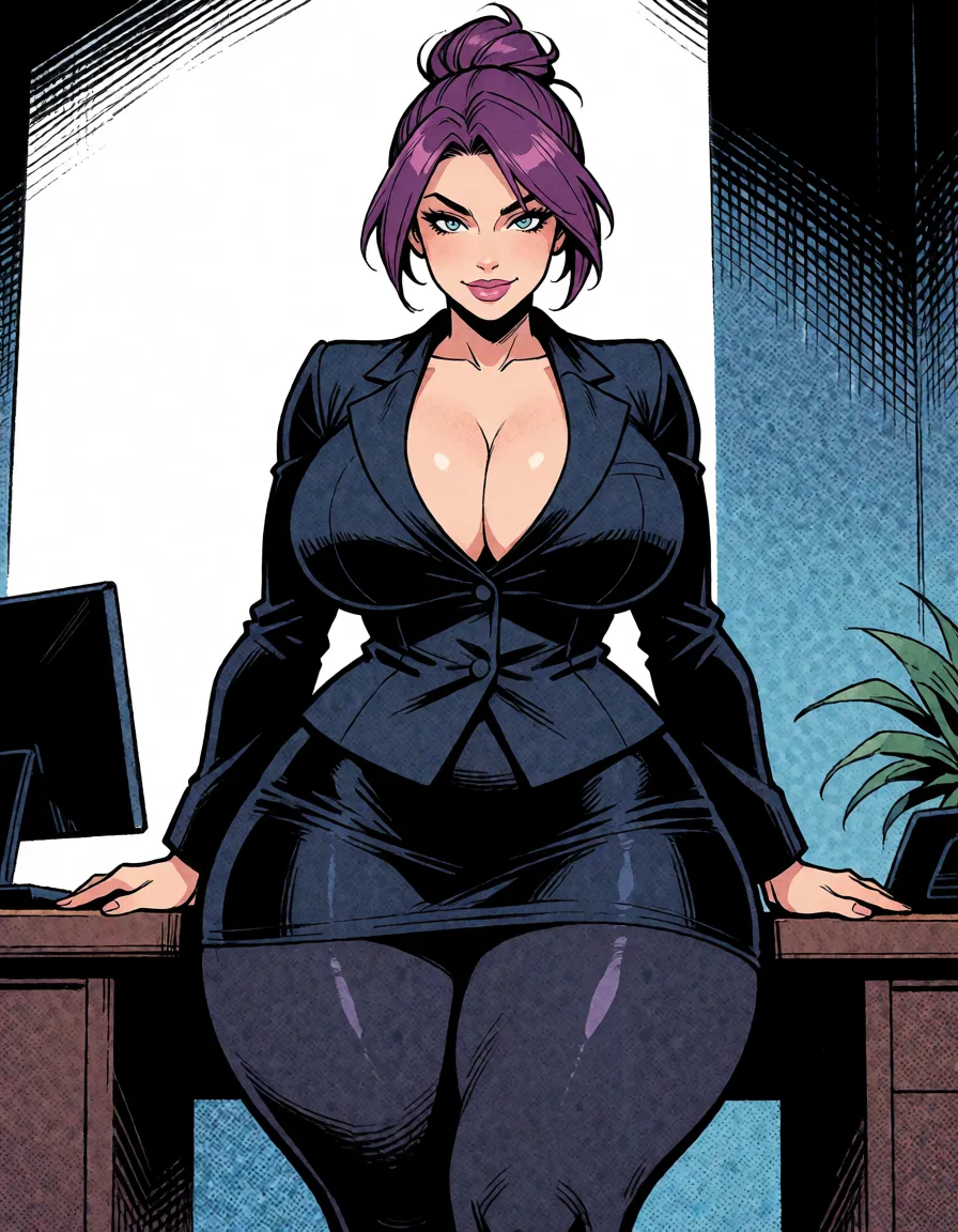 comic book art, Purple hair woman, milf, mature woman, single_hair_bun, parted_bangs, fat chubby thick_thighs, big huge plump wide_hips, huge_ass, big boobs, dark blue suit, miniskirt, dark tight leggings, v-shaped_eyebrows, seductive look in eyes, smirk, lips, standing, desk, arms on desk, bold black ink outlines, halftone dot shading, cross hatched shadows, flat four colour print palette, hard high contrast comic inking, printed comic page, strikingly beautiful, radiant complexion, early twenties