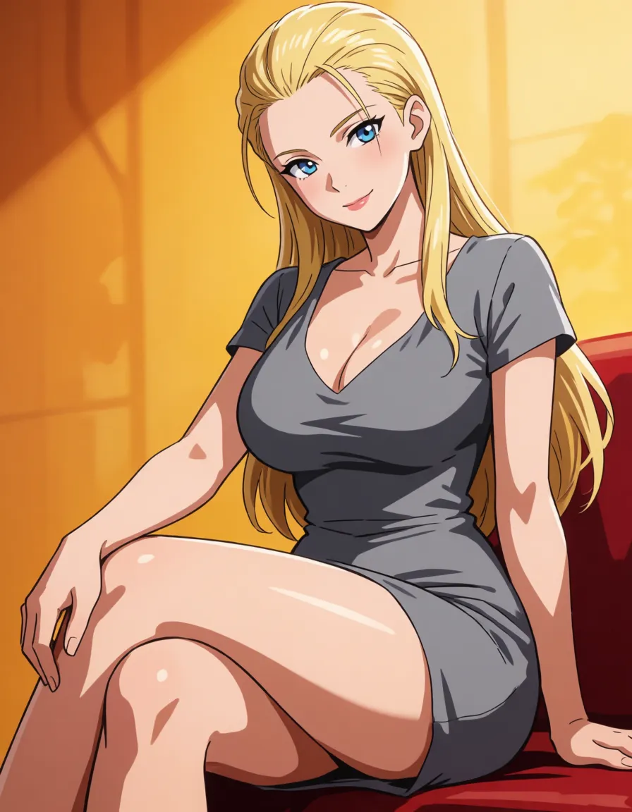 hentai anime art, blonde hair woman, milf, mature woman, all hair_slicked_back, slick back long hair, fat chubby thick_thighs, big huge plump wide_hips, huge_ass, big boobs, gray dress, seductive eyes, sexy smile, lips, sitting, crossed_legs, clean lineart, smooth cel shading, glossy highlights, saturated warm colour, drawn illustration, strikingly beautiful, radiant complexion, early twenties