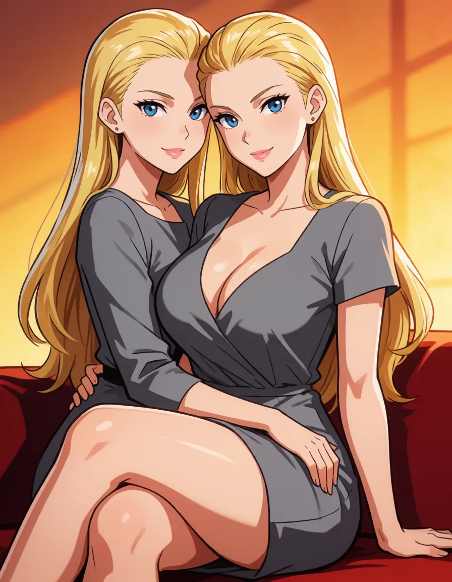 hentai anime art, blonde hair woman, milf, mature woman, all hair_slicked_back, slick back long hair, fat chubby thick_thighs, big huge plump wide_hips, huge_ass, big boobs, gray dress, seductive eyes, sexy smirk, lips, sitting, crossed_legs, clean lineart, smooth cel shading, glossy highlights, saturated warm colour, drawn illustration, strikingly beautiful, radiant complexion, early twenties