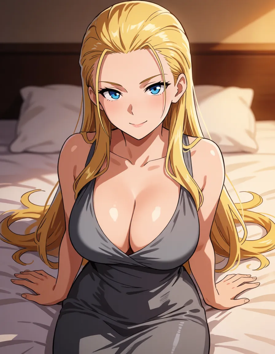 hentai anime art, blonde hair woman, milf, mature woman, all hair_slicked_back, slick back long hair, fat chubby thick_thighs, big huge plump wide_hips, huge_ass, big boobs, gray dress, seductive eyes, sexy smirk, lips, sitting, hands on bed, clean lineart, smooth cel shading, glossy highlights, saturated warm colour, drawn illustration, strikingly beautiful, radiant complexion, early twenties