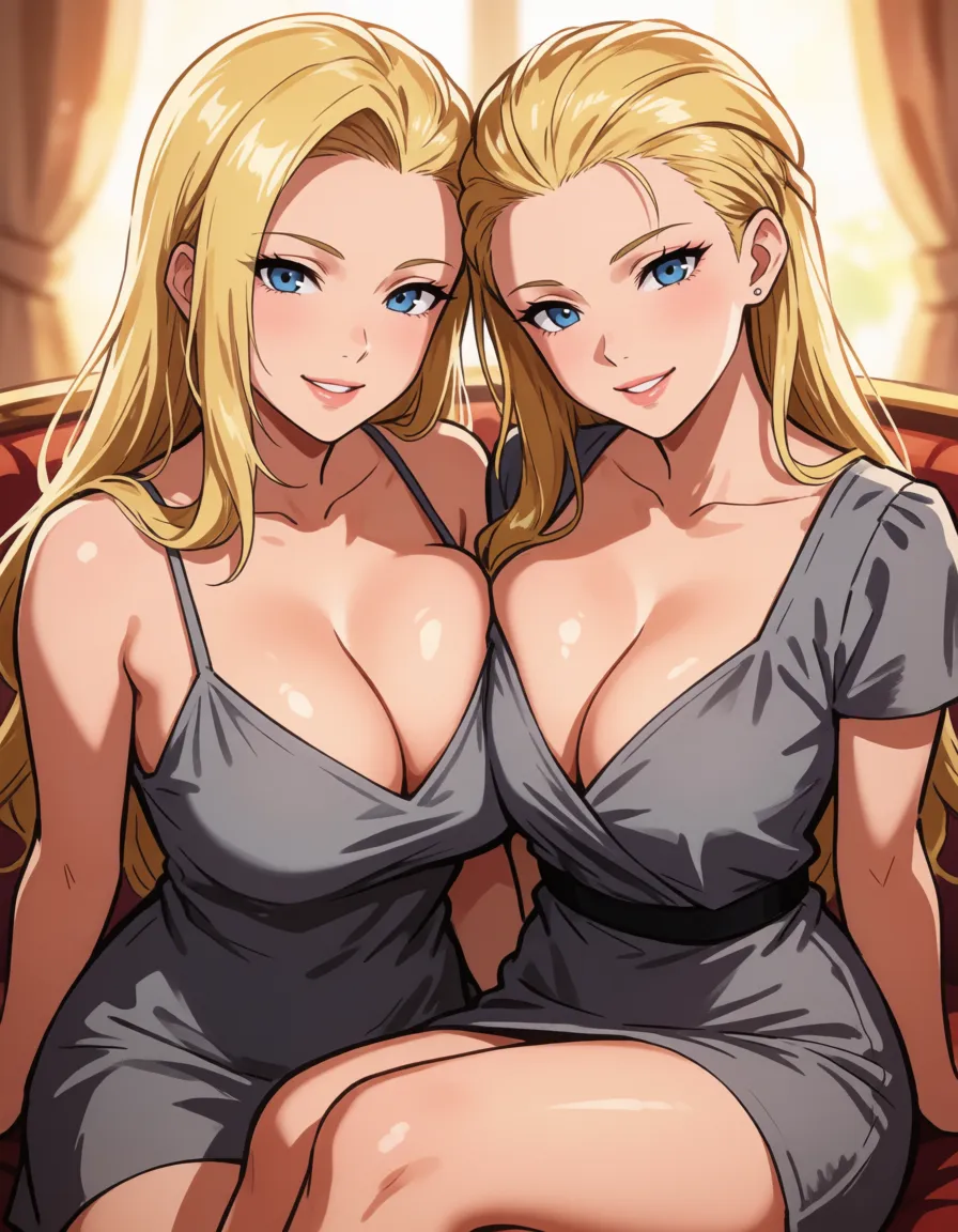 hentai anime art, blonde hair woman, milf, mature woman, all hair_slicked_back, slick back long hair, fat chubby thick_thighs, big huge plump wide_hips, huge_ass, big boobs, gray dress, seductive eyes, sexy smile, licking lips, sitting, close up, clean lineart, smooth cel shading, glossy highlights, saturated warm colour, drawn illustration, strikingly beautiful, radiant complexion, early twenties