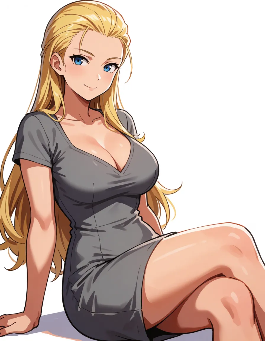 hentai anime art, blonde hair woman, milf, mature woman, all hair_slicked_back, slick back long hair, fat chubby thick_thighs, big huge plump wide_hips, huge_ass, big boobs, gray dress, seductive eyes, sexy smile, licking lips, sitting, on_side, clean lineart, smooth cel shading, glossy highlights, saturated warm colour, drawn illustration, strikingly beautiful, radiant complexion, early twenties