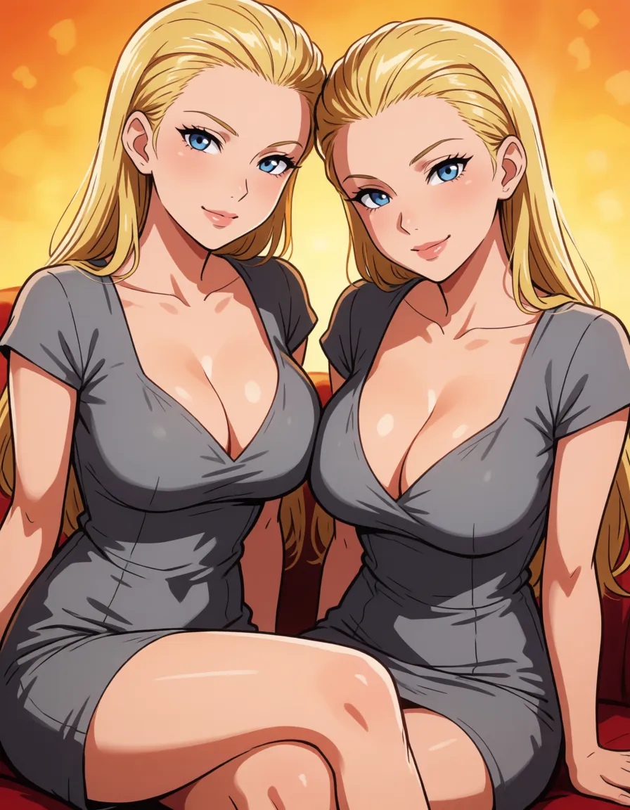 hentai anime art, blonde hair woman, milf, mature woman, all hair_slicked_back, slick back long hair, fat chubby thick_thighs, big huge plump wide_hips, huge_ass, big boobs, gray dress, seductive eyes, sexy grin lips, sitting, clean lineart, smooth cel shading, glossy highlights, saturated warm colour, drawn illustration, strikingly beautiful, radiant complexion, early twenties