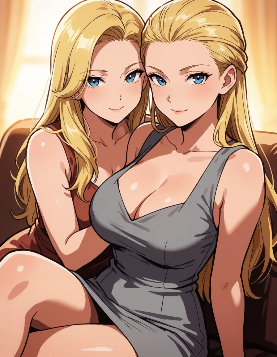 hentai anime art, blonde hair woman, milf, mature woman, all hair_slicked_back, slick back long hair, fat chubby thick_thighs, big huge plump wide_hips, huge_ass, big boobs, gray dress, seductive eyes, sexy grin lips, sitting, close up, clean lineart, smooth cel shading, glossy highlights, saturated warm colour, drawn illustration, strikingly beautiful, radiant complexion, early twenties