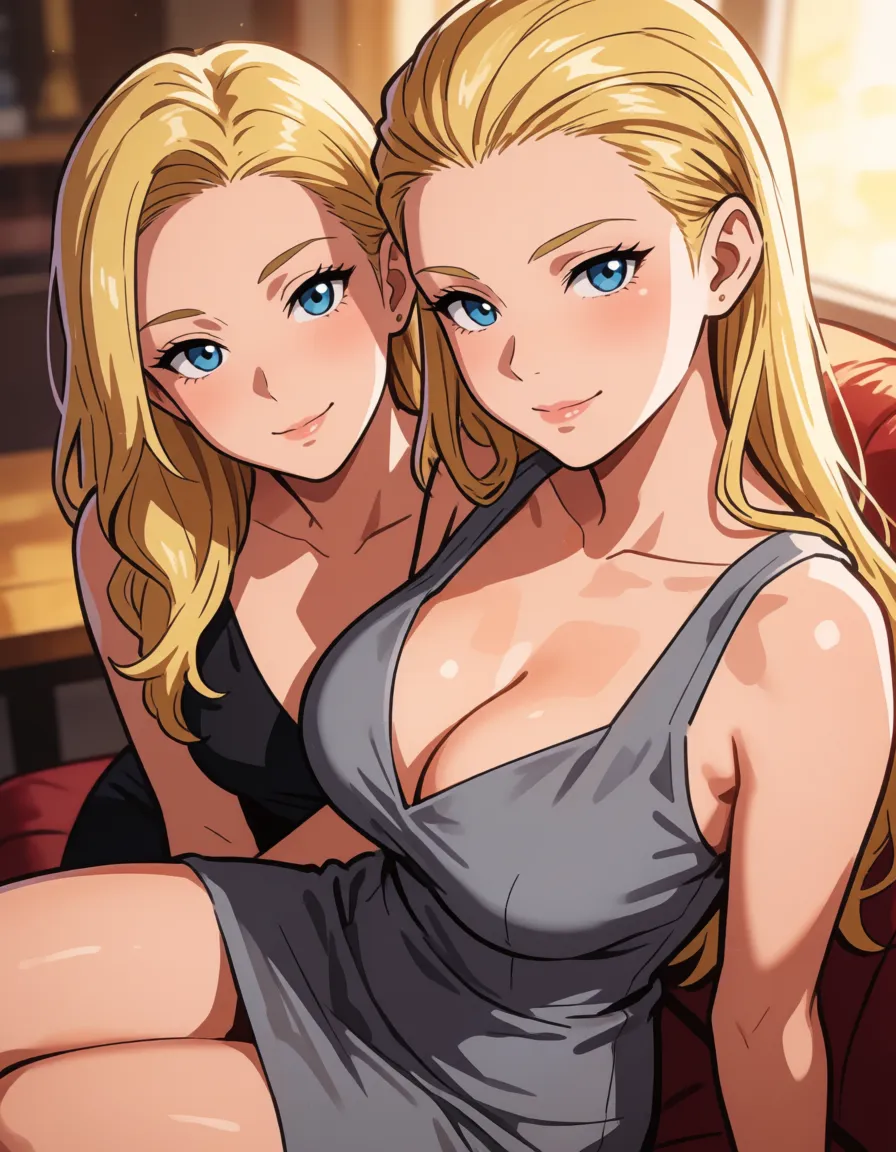 hentai anime art, blonde hair woman, milf, mature woman, all hair_slicked_back, slick back long hair, fat chubby thick_thighs, big huge plump wide_hips, huge_ass, big boobs, gray dress, seductive eyes, sexy grin, lips, sitting, close up, clean lineart, smooth cel shading, glossy highlights, saturated warm colour, drawn illustration, strikingly beautiful, radiant complexion, early twenties