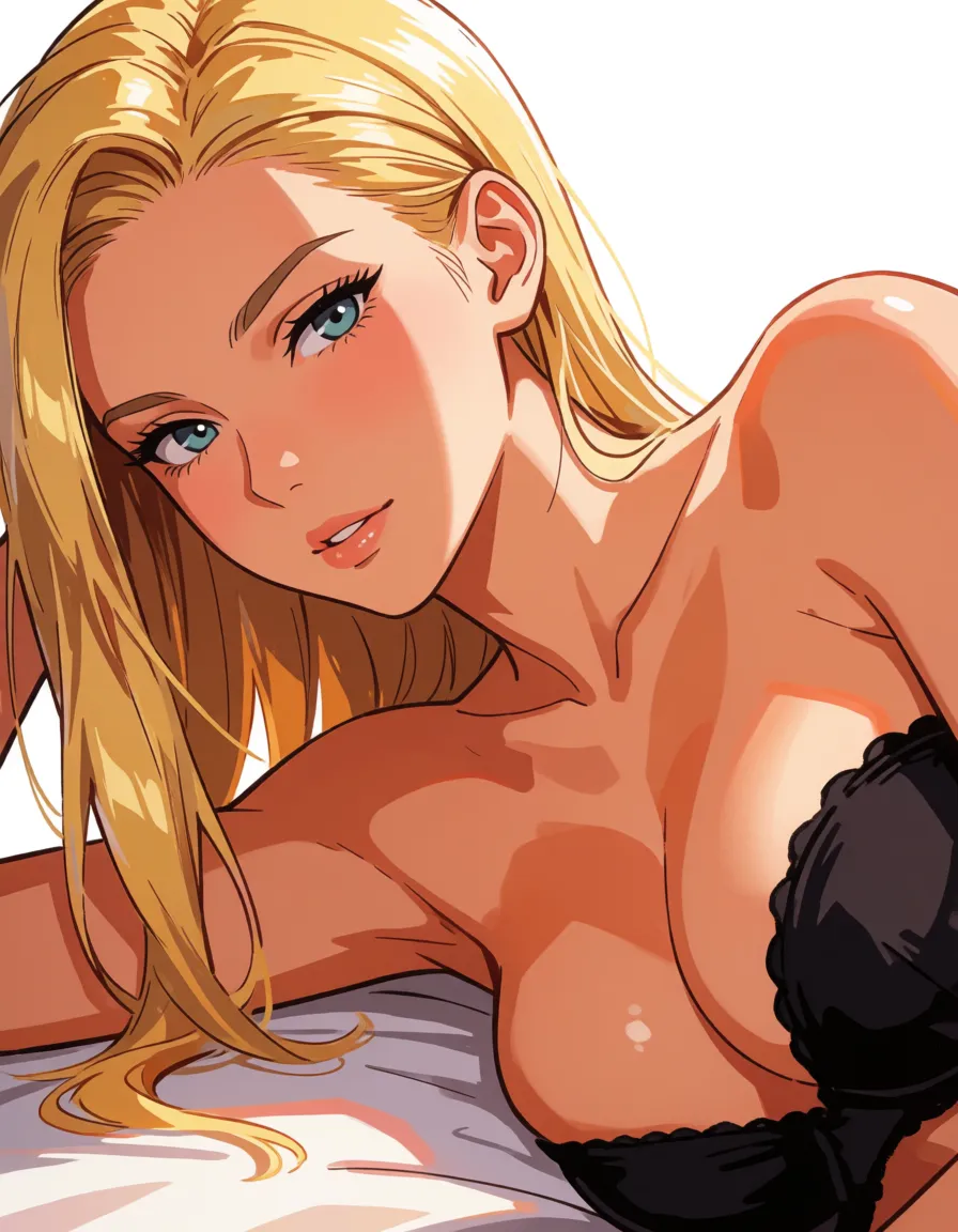 hentai anime art, blonde hair woman, milf, mature woman, all hair_slicked_back, slick back long hair, fat chubby thick_thighs, big huge plump wide_hips, huge_ass, big boobs, black underwear, seductive eyes, sexy lips, lying on_side, close up,, clean lineart, smooth cel shading, glossy highlights, saturated warm colour, drawn illustration, strikingly beautiful, radiant complexion, early twenties