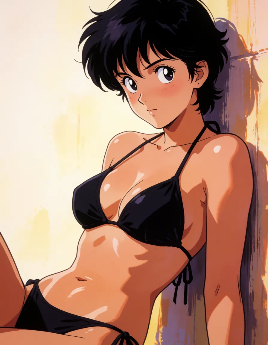 hentai anime art, Black hair woman, messy pixie hair, tomboy, fat chubby thick_thighs, big huge plump wide_hips, huge_ass, big boobs, black bikini, seductive eyes, sexy grin, leaning back on wall, clean lineart, smooth cel shading, glossy highlights, saturated warm colour, drawn illustration, strikingly beautiful, radiant complexion, early twenties