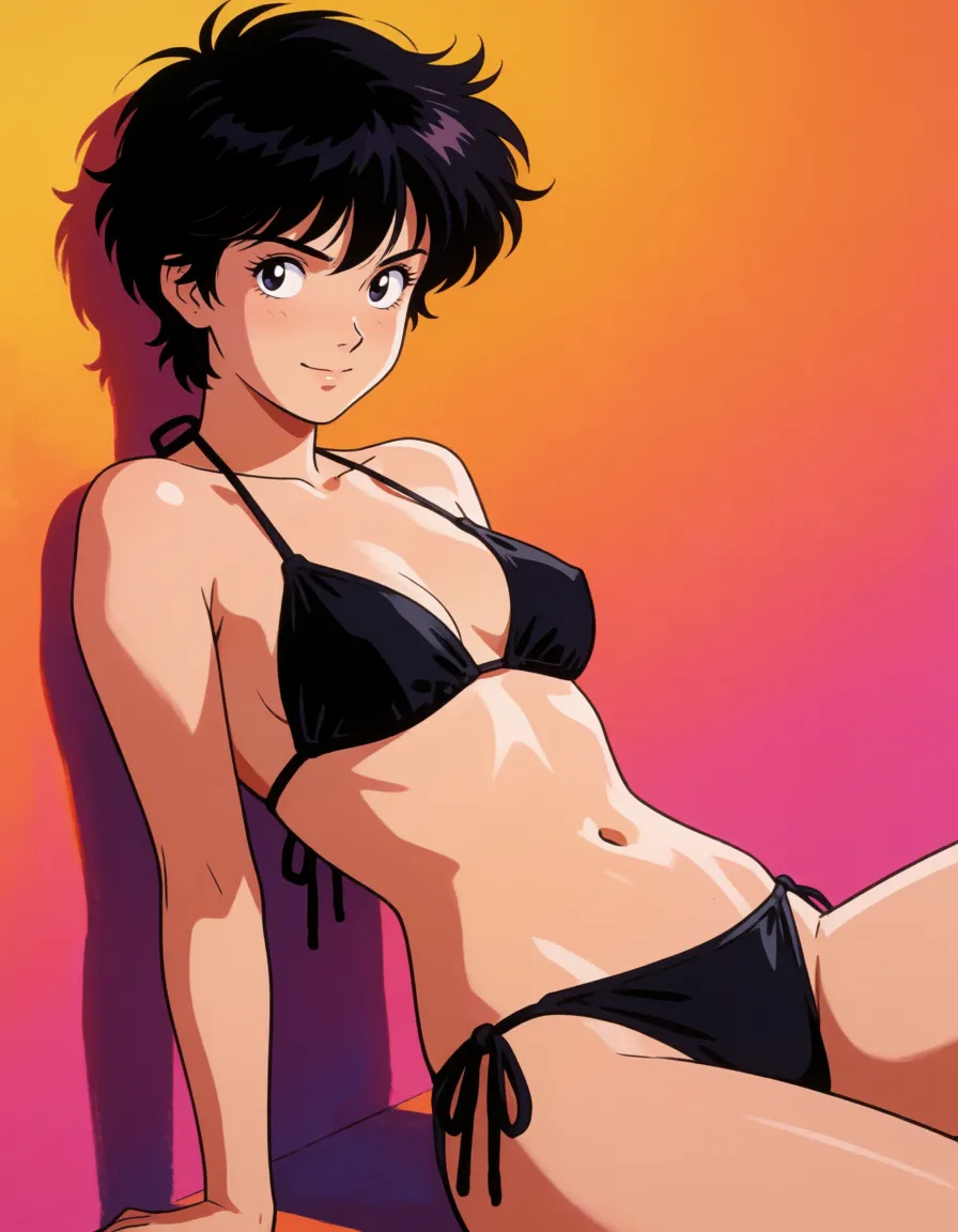 hentai anime art, Black hair woman, messy pixie hair, tomboy, fat chubby thick_thighs, big huge plump wide_hips, huge_ass, big boobs, black bikini, seductive eyes, sexy smirk, leaning back on wall, gradient_background, clean lineart, smooth cel shading, glossy highlights, saturated warm colour, drawn illustration, strikingly beautiful, radiant complexion, early twenties