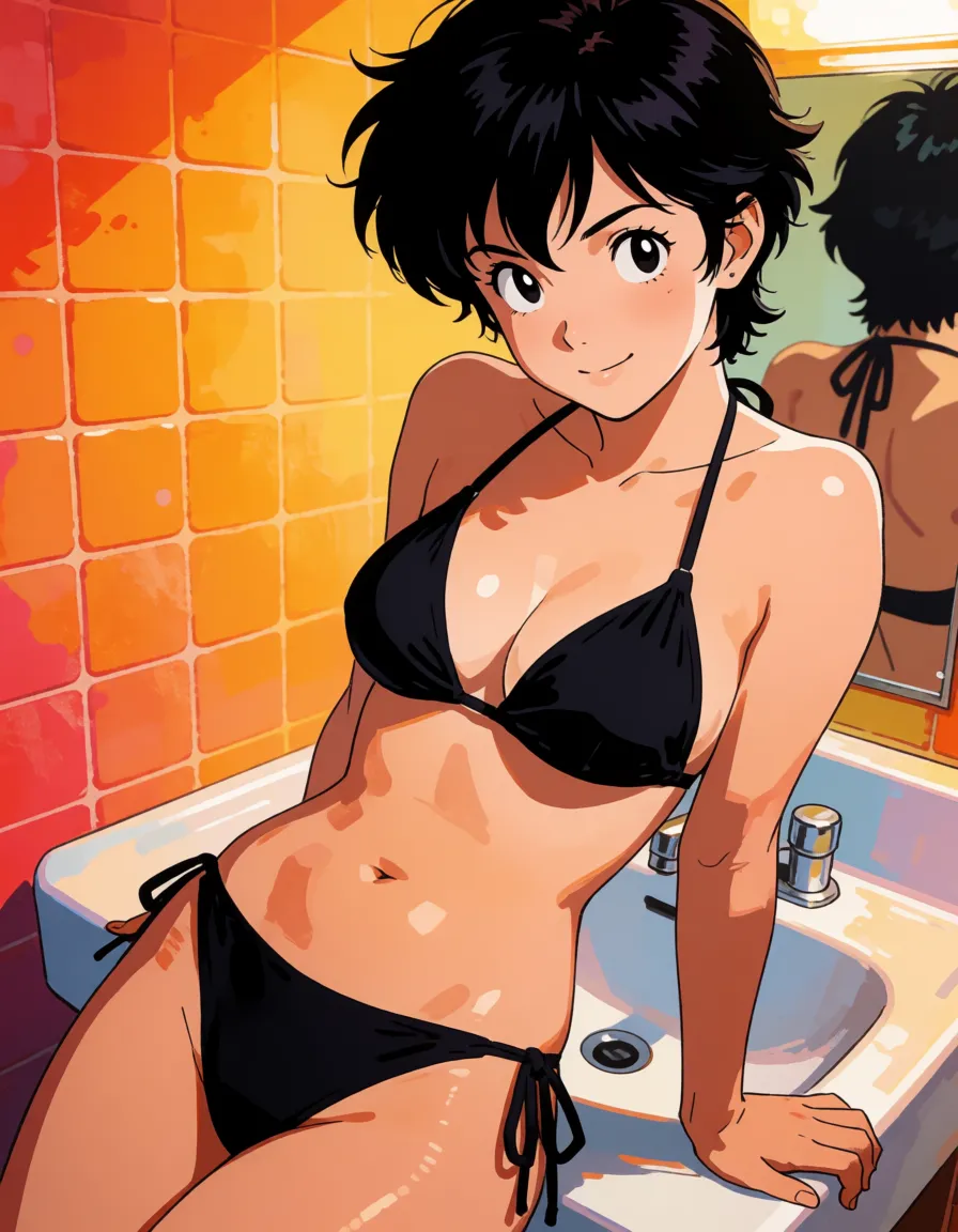 hentai anime art, Black hair woman, messy pixie hair, tomboy, fat chubby thick_thighs, big huge plump wide_hips, huge_ass, big boobs, black bikini, seductive eyes, sexy smile, leaning back on sink, puffy nipples, hand on bra, clean lineart, smooth cel shading, glossy highlights, saturated warm colour, drawn illustration, strikingly beautiful, radiant complexion, early twenties
