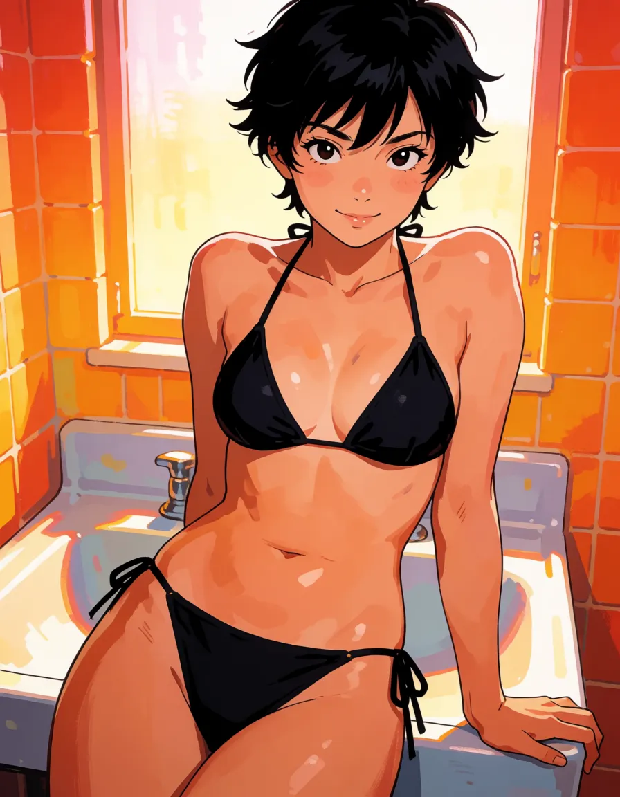 hentai anime art, Black hair woman, messy pixie hair, tomboy, fat chubby thick_thighs, big huge plump wide_hips, huge_ass, big boobs, black bikini, seductive eyes, tongue out, leaning back on sink,, clean lineart, smooth cel shading, glossy highlights, saturated warm colour, drawn illustration, strikingly beautiful, radiant complexion, early twenties