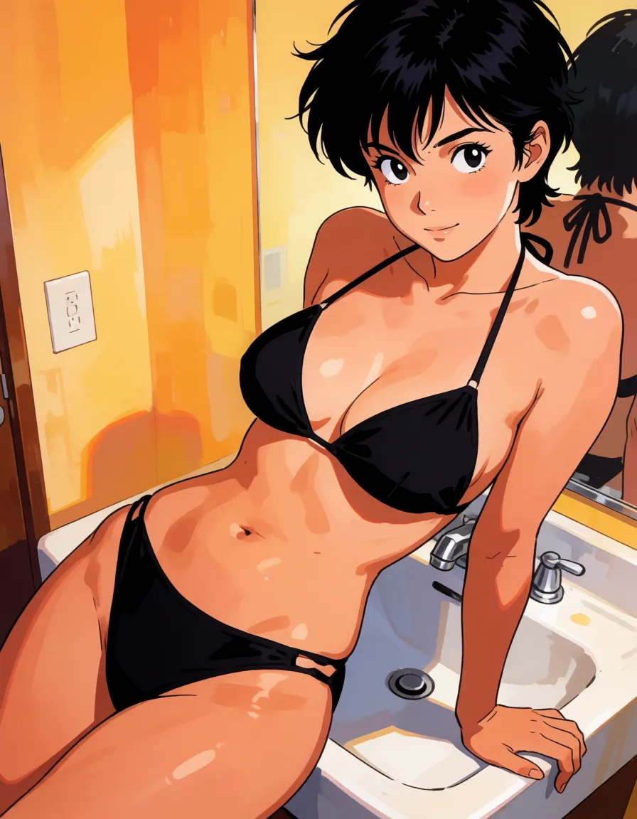 hentai anime art, Black hair woman, messy pixie hair, tomboy, fat chubby thick_thighs, big huge plump wide_hips, huge_ass, big boobs, black bikini, seductive eyes, seductive smirk, leaning back on sink,, clean lineart, smooth cel shading, glossy highlights, saturated warm colour, drawn illustration, strikingly beautiful, radiant complexion, early twenties