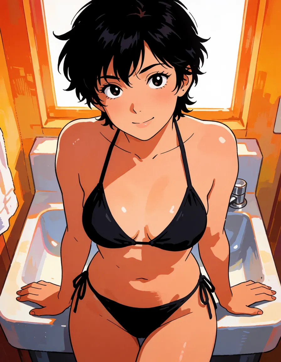 hentai anime art, Black hair woman, messy pixie hair, tomboy, fat chubby thick_thighs, big huge plump wide_hips, huge_ass, big boobs, black bikini, seductive eyes, seductive smirk, leaning back on sink, hands on sink, clean lineart, smooth cel shading, glossy highlights, saturated warm colour, drawn illustration, strikingly beautiful, radiant complexion, early twenties