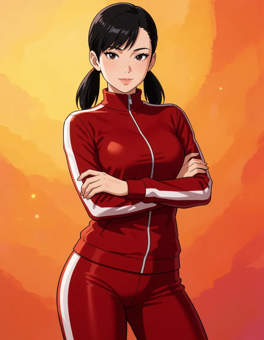 hentai anime art, Black hair woman, all hair_slicked_back, twintails, fat chubby thick_thighs, big huge plump wide_hips, huge_ass, big boobs, dark red skin_tight tracksuit, seductive eyes, sexy mean face, crossed_arms, clean lineart, smooth cel shading, glossy highlights, saturated warm colour, drawn illustration, strikingly beautiful, radiant complexion, early twenties