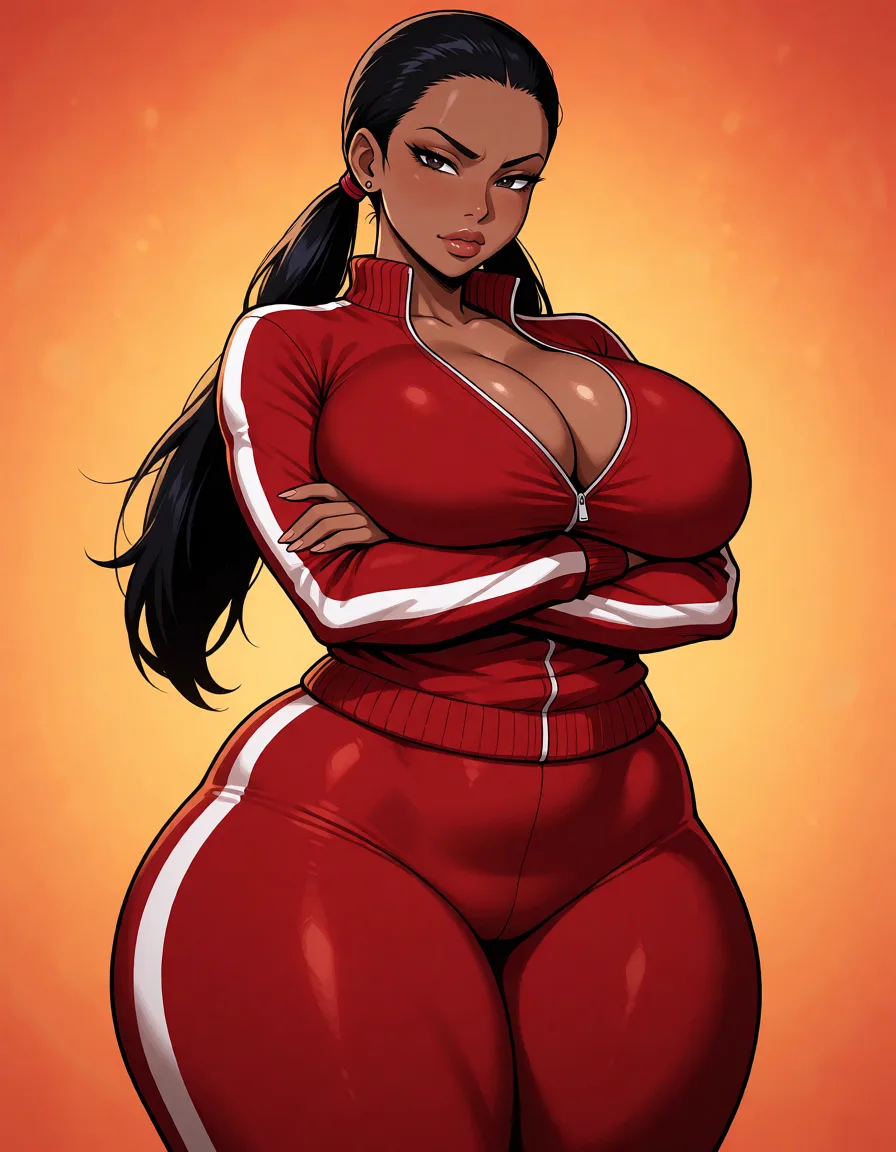 hentai anime art, Black hair woman, all hair_slicked_back, long pigtails, fat chubby thick_thighs, big huge plump wide_hips, huge_ass, big boobs, dark red skin_tight tracksuit, seductive eyes, mean face, crossed_arms, clean lineart, smooth cel shading, glossy highlights, saturated warm colour, drawn illustration, strikingly beautiful, radiant complexion, early twenties