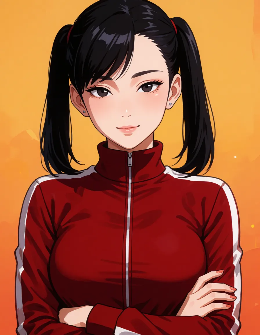 hentai anime art, Black hair woman, all hair_slicked_back, long pigtails on upper part of hair, pale_skin, fat chubby thick_thighs, big huge plump wide_hips, huge_ass, wide plump body, big boobs, dark red skin_tight tracksuit, seductive eyes, mean face, crossed_arms, clean lineart, smooth cel shading, glossy highlights, saturated warm colour, drawn illustration, strikingly beautiful, radiant complexion, early twenties