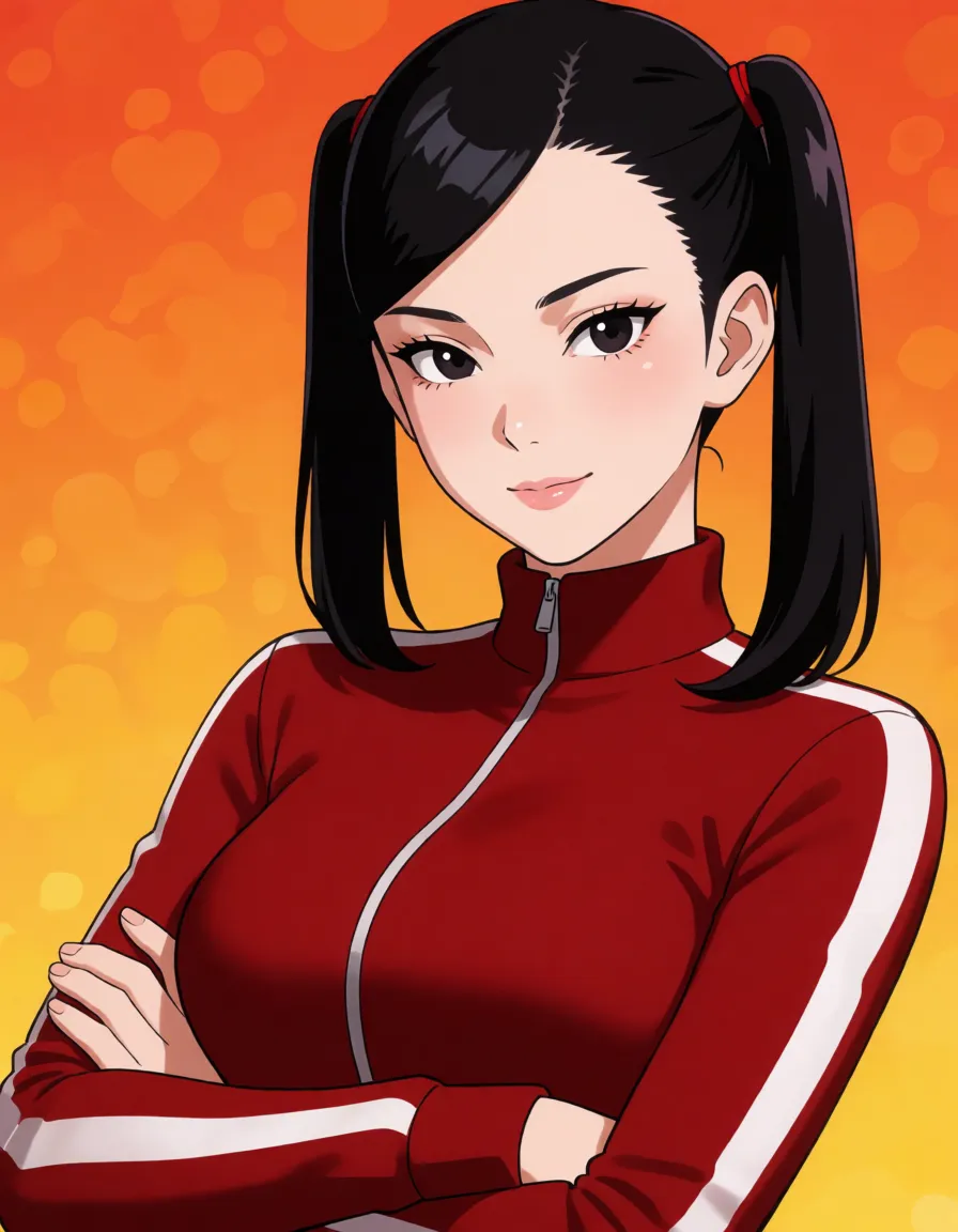 hentai anime art, Black hair woman, all hair_slicked_back, long pigtails on upper part of hair, pale_skin, fat chubby thick_thighs, big huge plump wide_hips, huge_ass, big boobs, dark red skin_tight tracksuit, seductive eyes, mean face, crossed_arms, clean lineart, smooth cel shading, glossy highlights, saturated warm colour, drawn illustration, strikingly beautiful, radiant complexion, early twenties