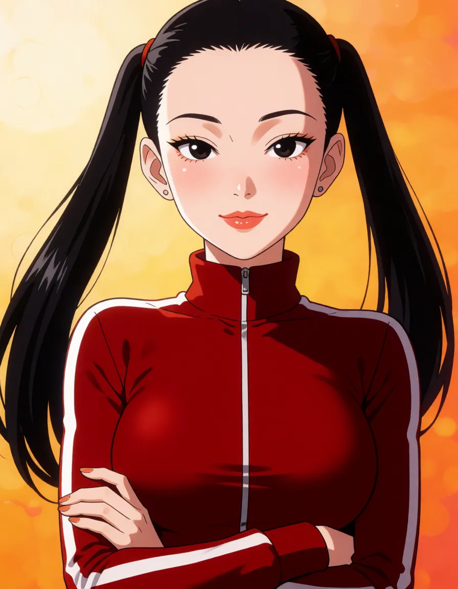 hentai anime art, Black hair woman, all hair_slicked_back, long upper pigtails, pale_skin, fat chubby thick_thighs, big huge plump wide_hips, huge_ass, big boobs, dark red skin_tight tracksuit, seductive eyes, mean face, crossed_arms, clean lineart, smooth cel shading, glossy highlights, saturated warm colour, drawn illustration, strikingly beautiful, radiant complexion, early twenties
