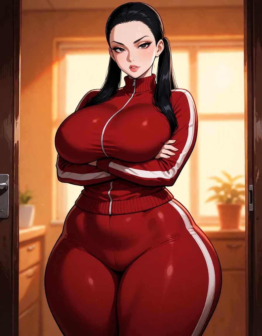 hentai anime art, Black hair woman, all hair_slicked_back, long upper pigtails, pale_skin, fat chubby thick_thighs, big huge plump wide_hips, huge_ass, big boobs, dark red skin_tight tracksuit, seductive eyes, mean face, crossed_arms, standing, clean lineart, smooth cel shading, glossy highlights, saturated warm colour, drawn illustration, strikingly beautiful, radiant complexion, early twenties