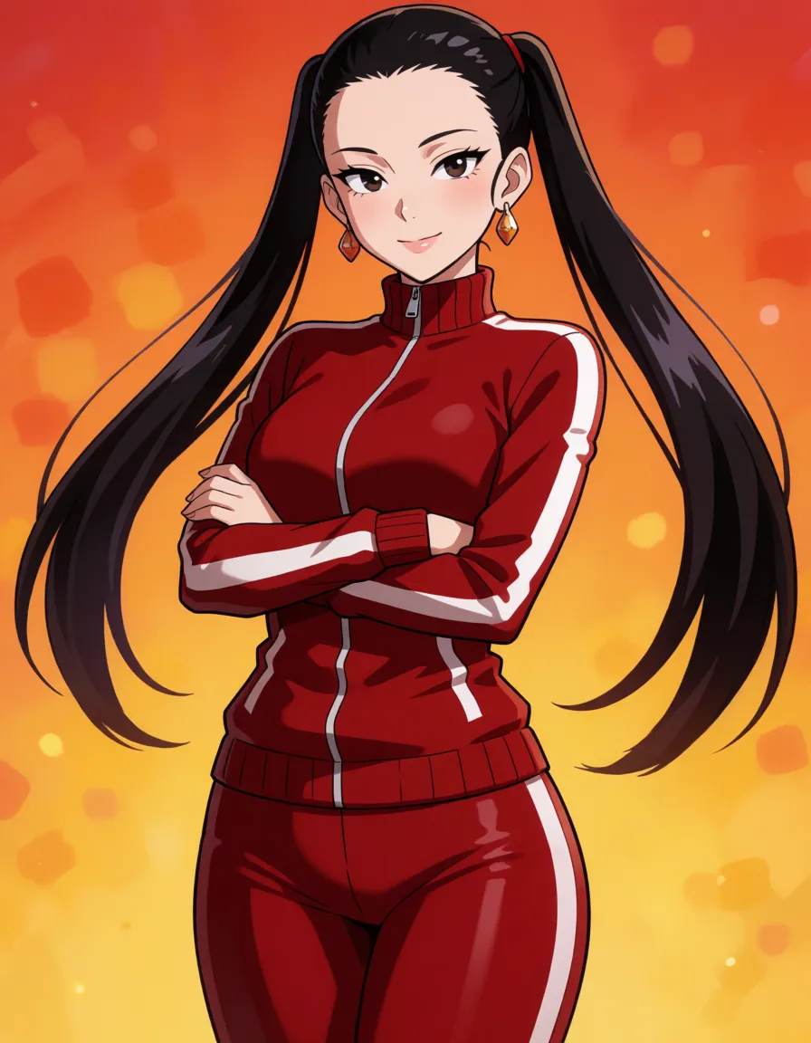 hentai anime art, Black hair woman, all hair_slicked_back, long top upper pigtails, pale_skin, chubby wide plump body, fat chubby thick_thighs, big huge plump wide_hips, huge_ass, big boobs, dark red skin_tight tracksuit, seductive eyes, mean face, crossed_arms, standing, clean lineart, smooth cel shading, glossy highlights, saturated warm colour, drawn illustration, strikingly beautiful, radiant complexion, early twenties