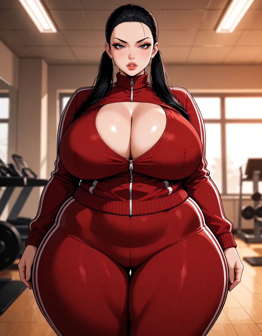 hentai anime art, Black hair woman, all hair_slicked_back, long top upper pigtails, pale_skin, chubby wide plump body, fat chubby thick_thighs, big huge plump wide_hips, huge_ass, big boobs, dark red skin_tight tracksuit, seductive eyes, mean face, gym, standing, clean lineart, smooth cel shading, glossy highlights, saturated warm colour, drawn illustration, strikingly beautiful, radiant complexion, early twenties