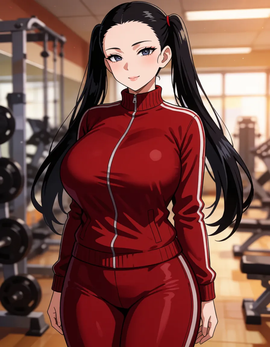 hentai anime art, Black hair woman, all hair_slicked_back, long top pigtails, pale_skin, chubby wide plump body, fat chubby thick_thighs, big huge plump wide_hips, huge_ass, big boobs, dark red skin_tight tracksuit, seductive eyes, mean face, gym, standing, clean lineart, smooth cel shading, glossy highlights, saturated warm colour, drawn illustration, strikingly beautiful, radiant complexion, early twenties