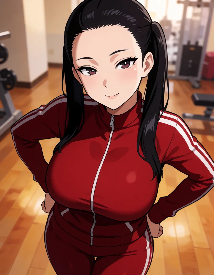 hentai anime art, Black hair woman, all hair_slicked_back, long pigtails, pale_skin, chubby wide plump body, fat chubby thick_thighs, big huge plump wide_hips, huge_ass, big boobs, dark red skin_tight tracksuit, seductive eyes, mean face, gym, all_fours, top-down_bottom-up pose, clean lineart, smooth cel shading, glossy highlights, saturated warm colour, drawn illustration, strikingly beautiful, radiant complexion, early twenties
