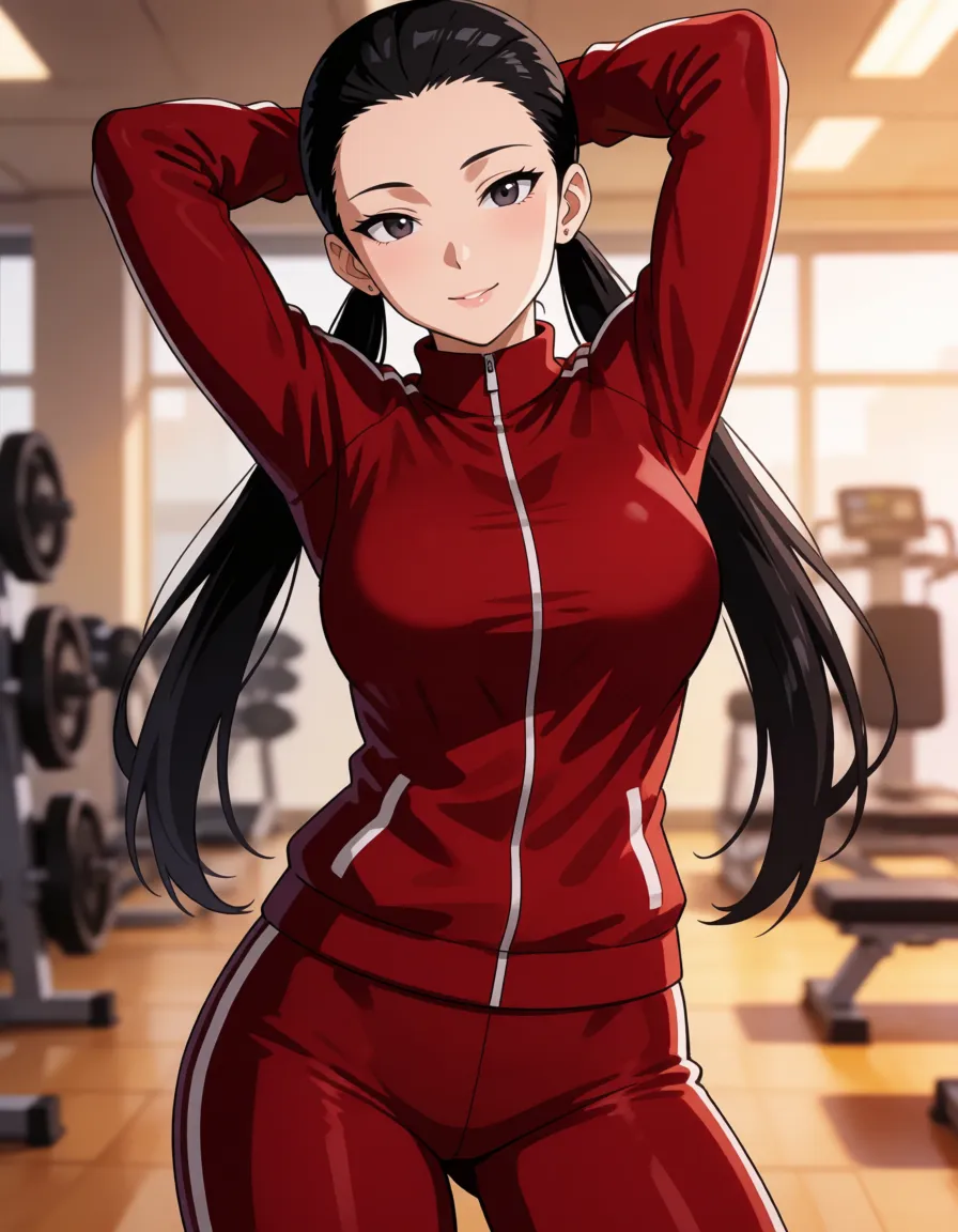hentai anime art, Black hair woman, all hair_slicked_back, long pigtails, pale_skin, chubby wide plump body, fat chubby thick_thighs, big huge plump wide_hips, huge_ass, big boobs, dark red skin_tight tracksuit, seductive eyes, mean face, gym, standing, arms_up, clean lineart, smooth cel shading, glossy highlights, saturated warm colour, drawn illustration, strikingly beautiful, radiant complexion, early twenties