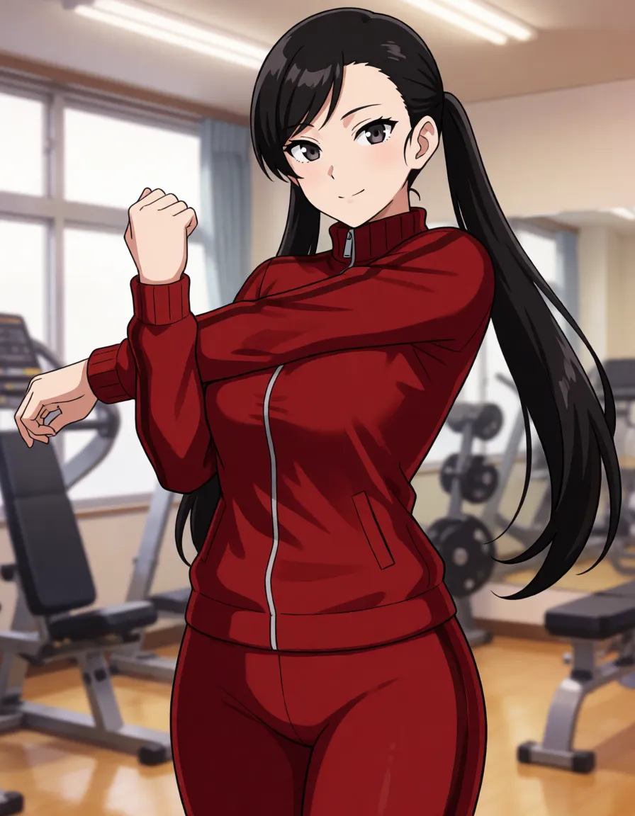 hentai anime art, Black hair woman, all hair_slicked_back, long pigtails, pale_skin, chubby wide plump body, fat chubby thick_thighs, big huge plump wide_hips, huge_ass, big boobs, dark red skin_tight tracksuit, seductive eyes, mean face, gym, standing, stretching, sexy pose, clean lineart, smooth cel shading, glossy highlights, saturated warm colour, drawn illustration, strikingly beautiful, radiant complexion, early twenties