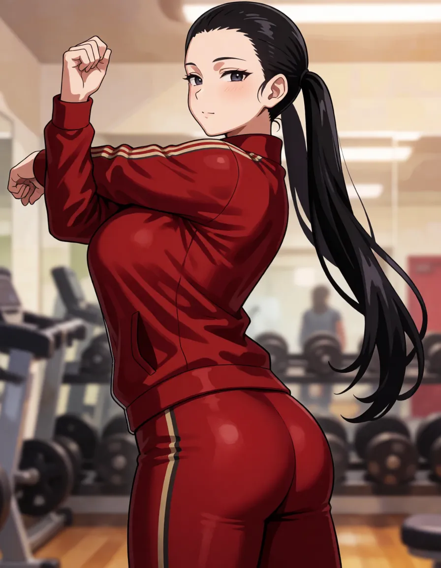 hentai anime art, Black hair woman, all hair_slicked_back, long pigtails, pale_skin, chubby wide plump body, fat chubby thick_thighs, big huge plump wide_hips, huge_ass, big boobs, dark red skin_tight tracksuit, seductive eyes, mean face, gym, standing, stretching, from_side, clean lineart, smooth cel shading, glossy highlights, saturated warm colour, drawn illustration, strikingly beautiful, radiant complexion, early twenties