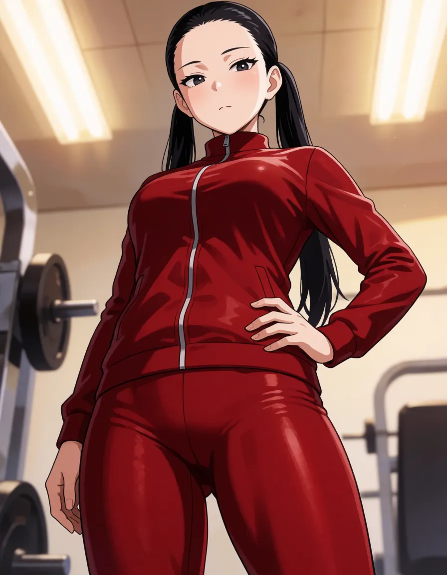 hentai anime art, Black hair woman, all hair_slicked_back, long pigtails, pale_skin, chubby wide plump body, fat chubby thick_thighs, big huge plump wide_hips, huge_ass, big boobs, dark red skin_tight tracksuit, seductive eyes, mean face, gym, standing, hand_on_own_hip, from_below, clean lineart, smooth cel shading, glossy highlights, saturated warm colour, drawn illustration, strikingly beautiful, radiant complexion, early twenties