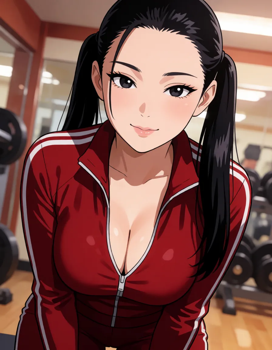 hentai anime art, Black hair woman, all hair_slicked_back, long pigtails, pale_skin, chubby wide plump body, fat chubby thick_thighs, big huge plump wide_hips, huge_ass, big boobs, dark red skin_tight tracksuit, seductive eyes, mean face, gym, ass_focus, close up, clean lineart, smooth cel shading, glossy highlights, saturated warm colour, drawn illustration, strikingly beautiful, radiant complexion, early twenties