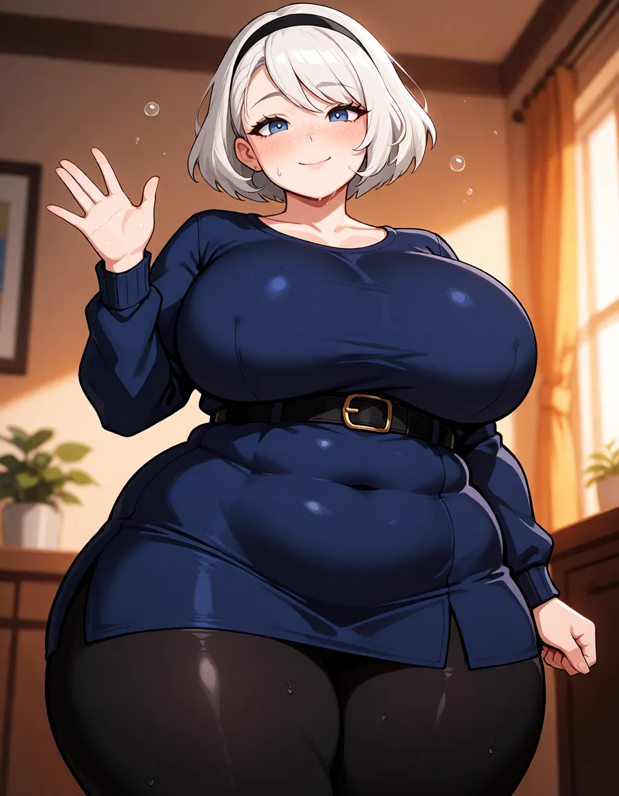 hentai anime art, White hair woman, short_hair, black hairband, pale_skin, chubby wide plump body, fat chubby thick_thighs, big huge plump wide_hips, huge_ass, big boobs, dark blue long_sleeves and skirt, black waist belt, black leggings tight, bubbly face, cute smile, freckles, waving, clean lineart, smooth cel shading, glossy highlights, saturated warm colour, drawn illustration, strikingly beautiful, radiant complexion, early twenties