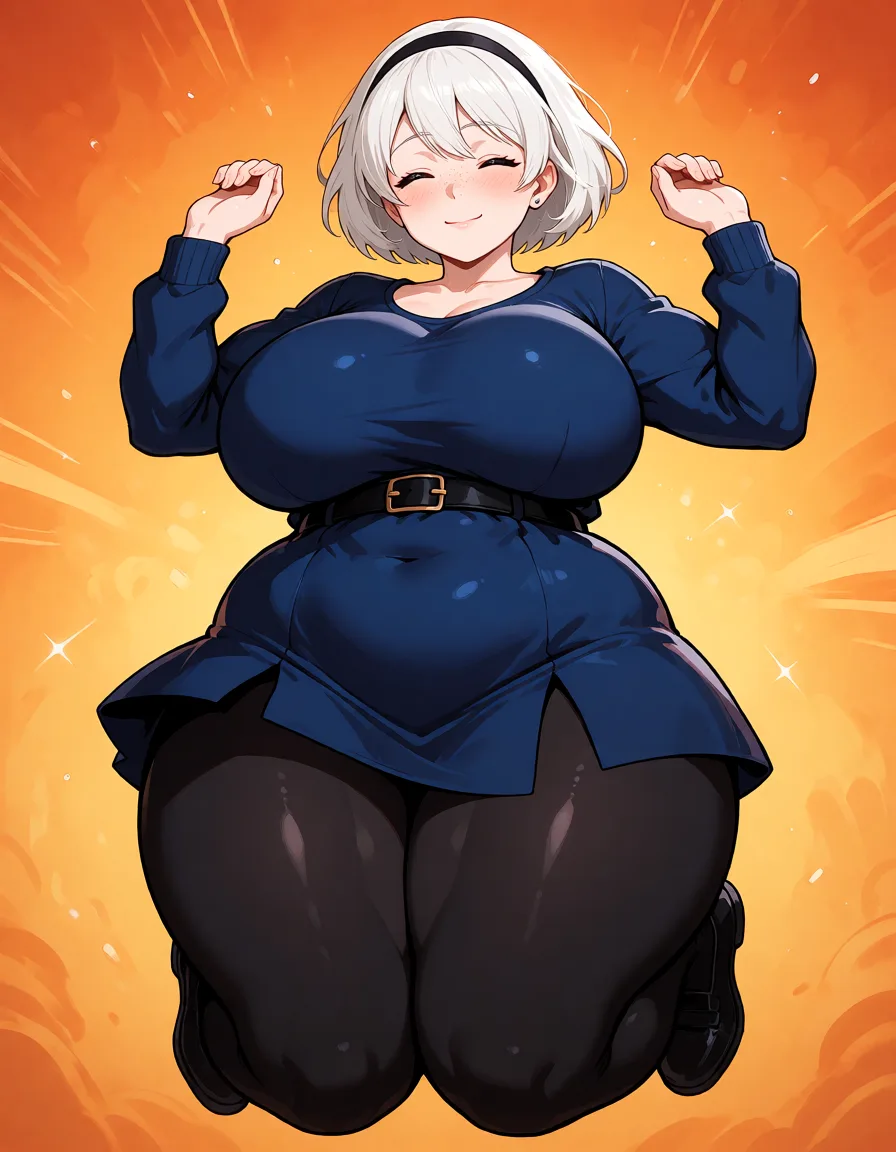 hentai anime art, White hair woman, short_hair, black hairband, pale_skin, chubby wide plump body, fat chubby thick_thighs, big huge plump wide_hips, huge_ass, big boobs, dark blue long_sleeves and skirt, black waist belt, black leggings tight, closed_eyes, cute smile, freckles, arms_up, jumping, clean lineart, smooth cel shading, glossy highlights, saturated warm colour, drawn illustration, strikingly beautiful, radiant complexion, early twenties