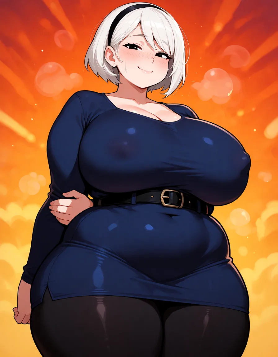 hentai anime art, White hair woman, short_hair, black hairband, pale_skin, chubby wide plump body, fat chubby thick_thighs, big huge plump wide_hips, huge_ass, big boobs, dark blue long_sleeves and skirt, black waist belt, black leggings tight, bubbly face, cute smile, freckles, one arm grabbing other arm behind arm, clean lineart, smooth cel shading, glossy highlights, saturated warm colour, drawn illustration, strikingly beautiful, radiant complexion, early twenties