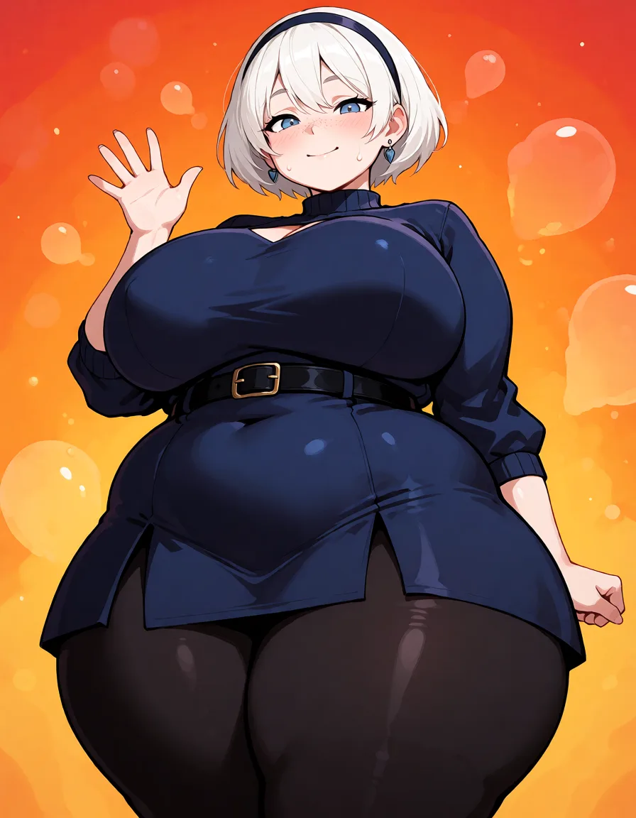 hentai anime art, White hair woman, short_hair, black hairband, pale_skin, chubby wide plump body, fat chubby thick_thighs, big huge plump wide_hips, huge_ass, big boobs, dark blue long_sleeves and skirt, black waist belt, black leggings tight, bubbly face, cute smile, freckles, waving, clean lineart, smooth cel shading, glossy highlights, saturated warm colour, drawn illustration, strikingly beautiful, radiant complexion, early twenties