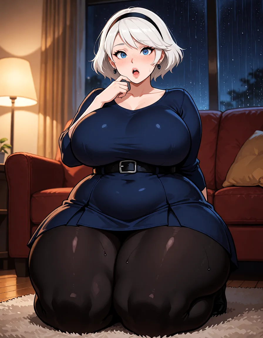 hentai anime art, White hair woman, short_hair, black hairband, pale_skin, chubby wide plump body, fat chubby thick_thighs, big huge plump wide_hips, huge_ass, big boobs, dark blue long_sleeves and skirt, black waist belt, black leggings tight, surprised, freckles, kneeling, floor, living room, night, rain, hand_on_own_chin, clean lineart, smooth cel shading, glossy highlights, saturated warm colour, drawn illustration, strikingly beautiful, radiant complexion, early twenties