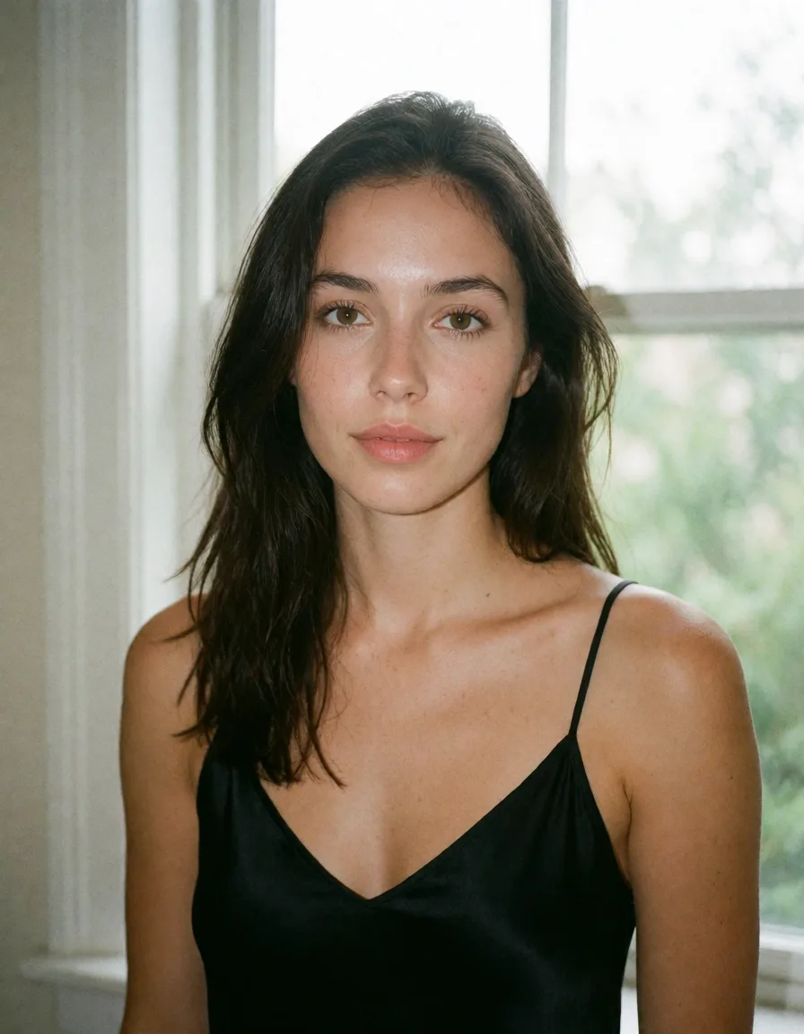 an amateur snapshot, a woman with long dark hair in a black silk slip, soft window light, shot on film, plenty of natural daylight, flat even light, casual unposed snapshot, natural everyday colour, mild noise, natural unretouched skin, strikingly beautiful, radiant complexion, early twenties