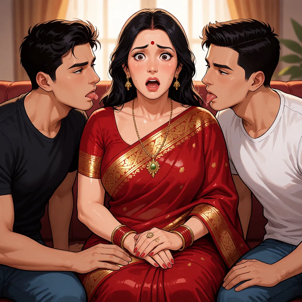 hentai anime art, a middle aged woman in a red saree sitting on a couch looking shocked as two young men sit next to her as they look at her lustfully, clean lineart, smooth cel shading, glossy highlights, saturated warm colour, drawn illustration, strikingly beautiful, radiant complexion, early twenties