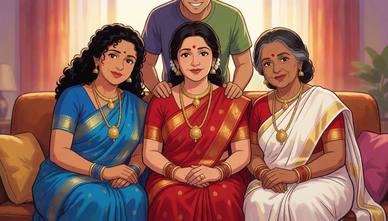 hentai anime art, on a couch, an middle aged matured indian woman in a red saree half undressed is sitting in the middle. Left to her an indian middle aged woman with curly black hair is sitting next to her in a blue saree half undressed too. Right to her a mature older indian woman with greyish black hair is sitting next to her in a white saree half undressed too. Behind them stands a young man wearing a t-shirt and half pants placing his hands on the middle woman's shoulders. All women are blushing and wearin a lot of indian gold ornaments and the young man is smiling lustfully while looking at the women. All three women have their blouses half removed and their black bras halfway down., clean lineart, smooth cel shading, glossy highlights, saturated warm colour, drawn illustration, strikingly beautiful, radiant complexion, early twenties