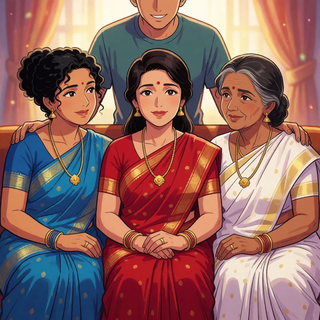 hentai anime art, On a couch, an middle aged matured indian woman with er hair tied to the side and in a red saree half undressed is sitting in the middle. Left to her an indian middle aged woman with curly black hair tied up and is sitting next to her in a blue saree half undressed too. Right to her a mature older indian woman with greyish black hair is sitting next to her in a white saree half undressed too. Behind them stands a young man with a soft face wearing a t-shirt and half pants placing his hands on the right and left women's shoulders and kissing the neck of the woman in the middle. All women are blushing and wearing a lot of indian simple gold ornaments and the young man is smiling perversely. All three women have their blouses half removed and their black bras halfway down. All three women are looking at the young man., clean lineart, smooth cel shading, glossy highlights, saturated warm colour, drawn illustration, strikingly beautiful, radiant complexion, early twenties