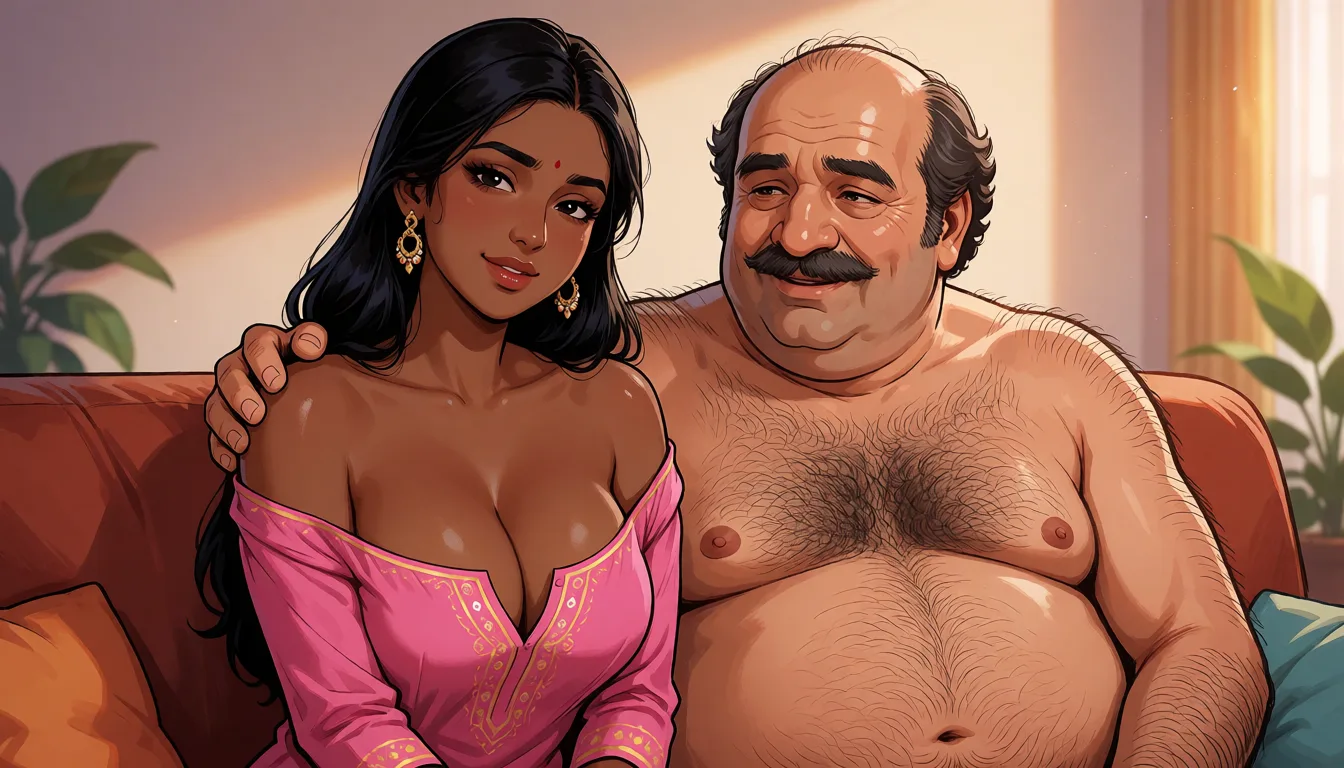 hentai anime art, a dark skinned indian young woman wearing a pink kurti sits on the couch with her kurta pulled down to her shoulders showing her cleavage, Left to her sits an half naked old fat hairy man with balding hair smiling and placing one of his hands on her bare shoulders., clean lineart, smooth cel shading, glossy highlights, saturated warm colour, drawn illustration, strikingly beautiful, radiant complexion, early twenties