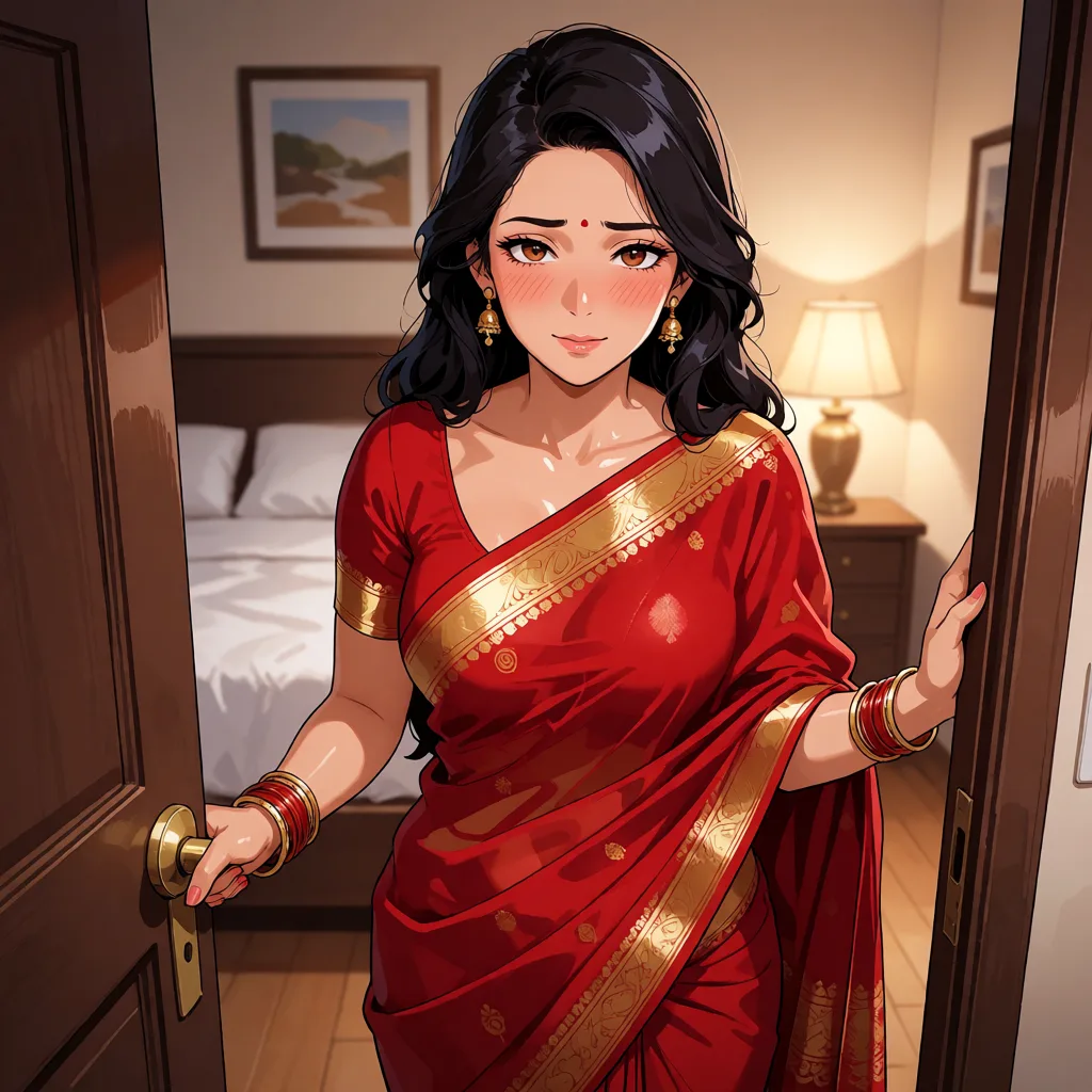 hentai anime art, Indian mature woman in a red saree opening the door to a bedroom and looking blushed., clean lineart, smooth cel shading, glossy highlights, saturated warm colour, drawn illustration, strikingly beautiful, radiant complexion, early twenties