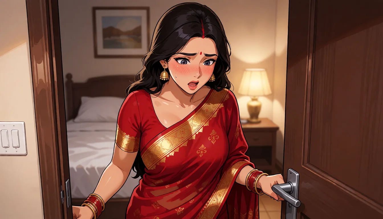 hentai anime art, Indian mature woman in a red saree opening the door to go inside the bedroom and looking blushed and shocked while looking down., clean lineart, smooth cel shading, glossy highlights, saturated warm colour, drawn illustration, strikingly beautiful, radiant complexion, early twenties