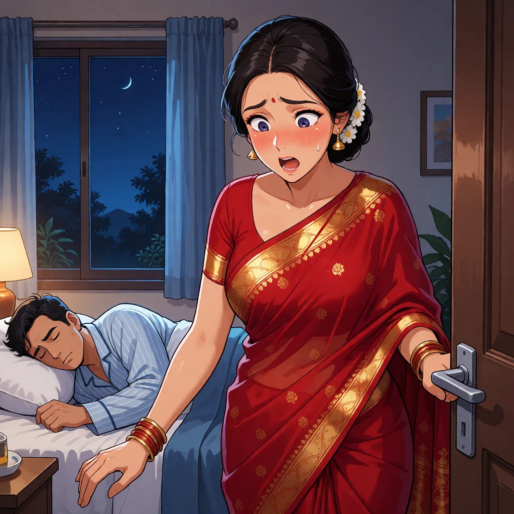 hentai anime art, Indian mature woman in her 40s with a motherly face in a red saree opening the door of her bedroom to go outside and blushing and shocked while looking down. Her middle aged husband is sleeping on the bed with his back turned wearing pyjamas at night., clean lineart, smooth cel shading, glossy highlights, saturated warm colour, drawn illustration, strikingly beautiful, radiant complexion, early twenties