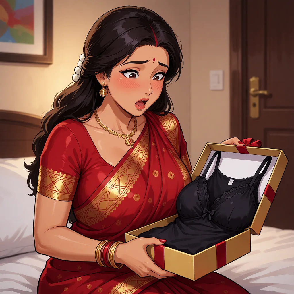 hentai anime art, a mature middle aged woman with long dark hair of indian decent with voloptuous body wearing a red saree opening a gift from a box that has sexy black nighty in it with a surprised blush on her face., clean lineart, smooth cel shading, glossy highlights, saturated warm colour, drawn illustration, strikingly beautiful, radiant complexion, early twenties
