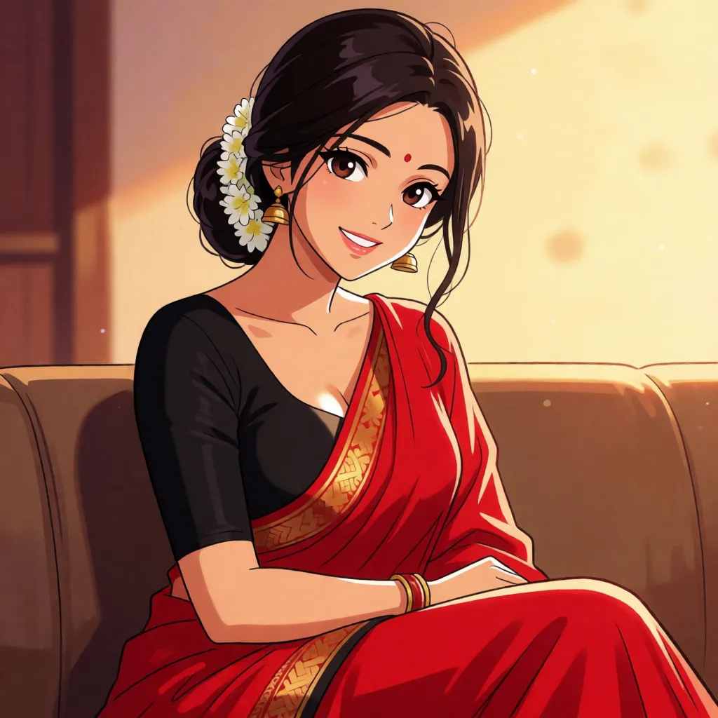 hentai anime art, a woman with long dark hair tied in a bun with white flowers in her hair in a red saree with a black blouse with a sexy body and huge breasts sitting on the couch smiling and blushing., clean lineart, smooth cel shading, glossy highlights, saturated warm colour, drawn illustration, strikingly beautiful, radiant complexion, early twenties