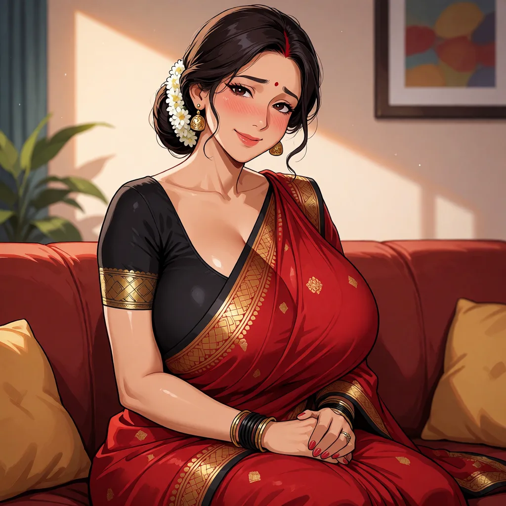 hentai anime art, a middle aged woman of indian decent with long dark hair tied in a bun with white flowers in her hair in a red saree with a black blouse with a sexy voluptuous body and huge breasts sitting on the couch smiling and blushing looking at the camera., clean lineart, smooth cel shading, glossy highlights, saturated warm colour, drawn illustration, strikingly beautiful, radiant complexion, early twenties